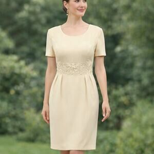 Vintage Donna Morgan Butter Yellow Sheath Dress 6P Pearl Soutache Waist Tie